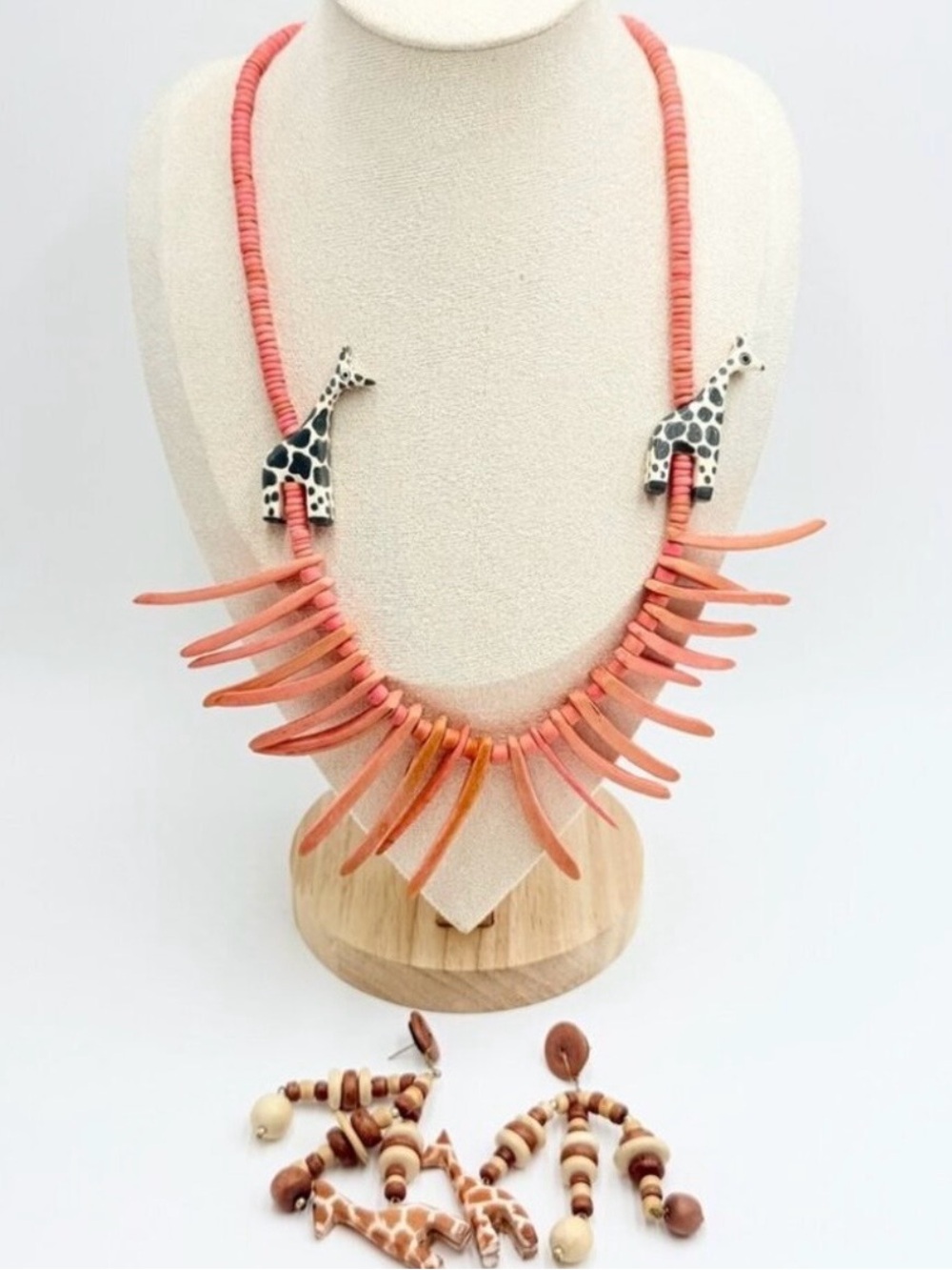 Giraffe Long Statement Necklace & Earrings Set Coral Wood Beaded Safari Global